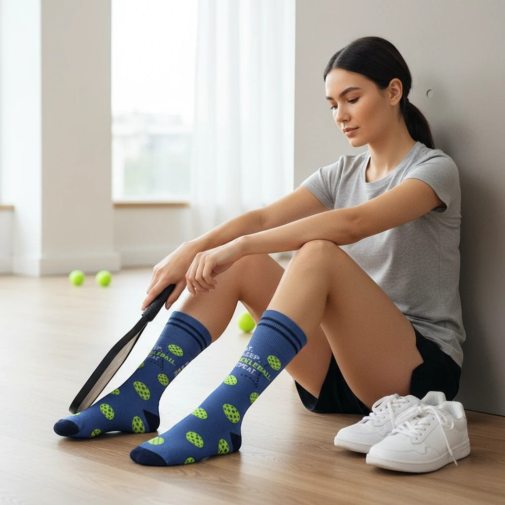 Mellow Monkey blue pickleball socks with neon yellow ball patterns and slogan worn by a woman sitting on the floor