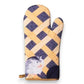 Mellow Monkey Kinda Wanna Eat Pie oven mitt with heat-resistant padding and hanging loop, featuring a hamster eating pie.