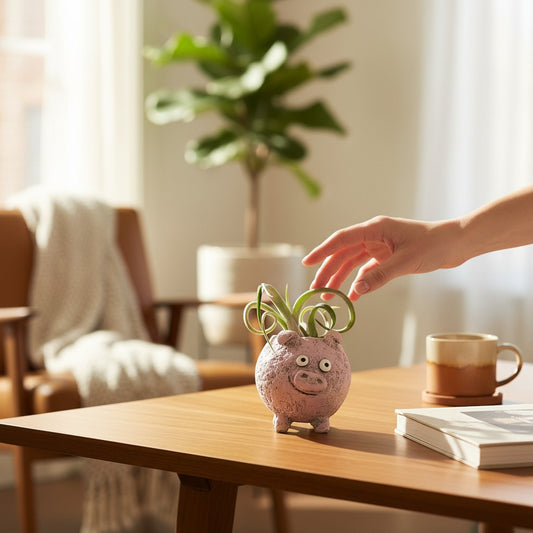 Mellow Monkey Henrietta the Pig Blobhouse Planter, a pink handcrafted poly-resin planter with a cute face, holding a small plant.