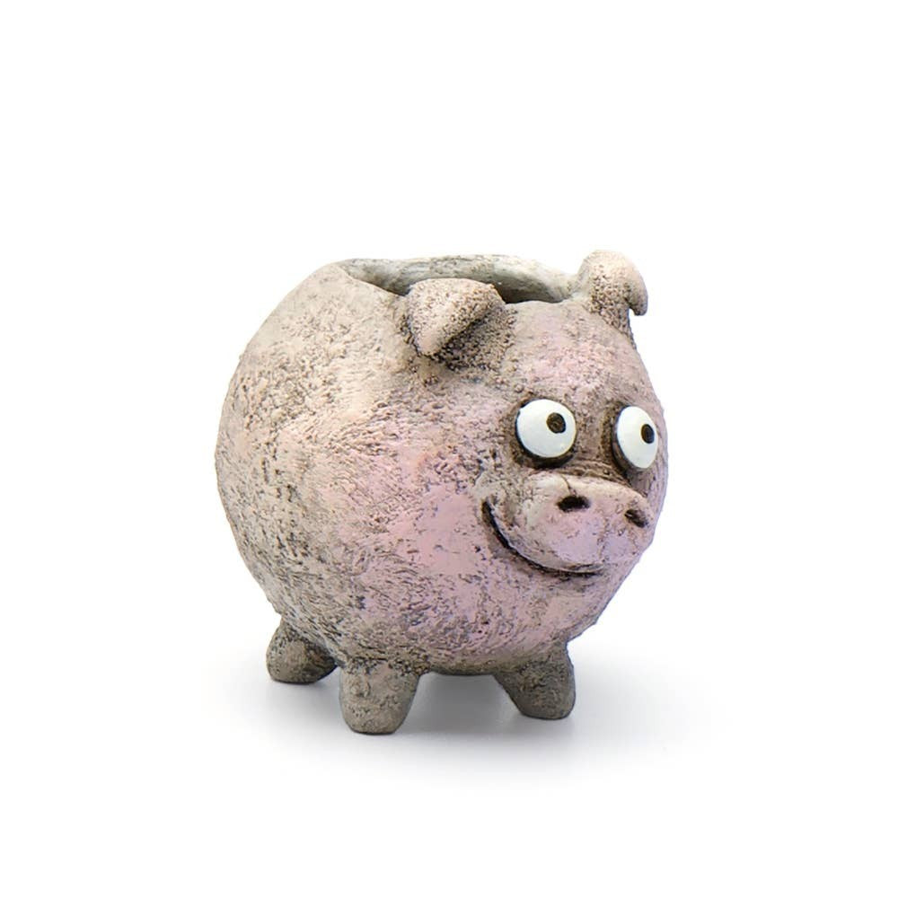 Mellow Monkey Henrietta the Pig Blobhouse Planter, handcrafted poly-resin, pinkish-grey, whimsical design with large eyes.