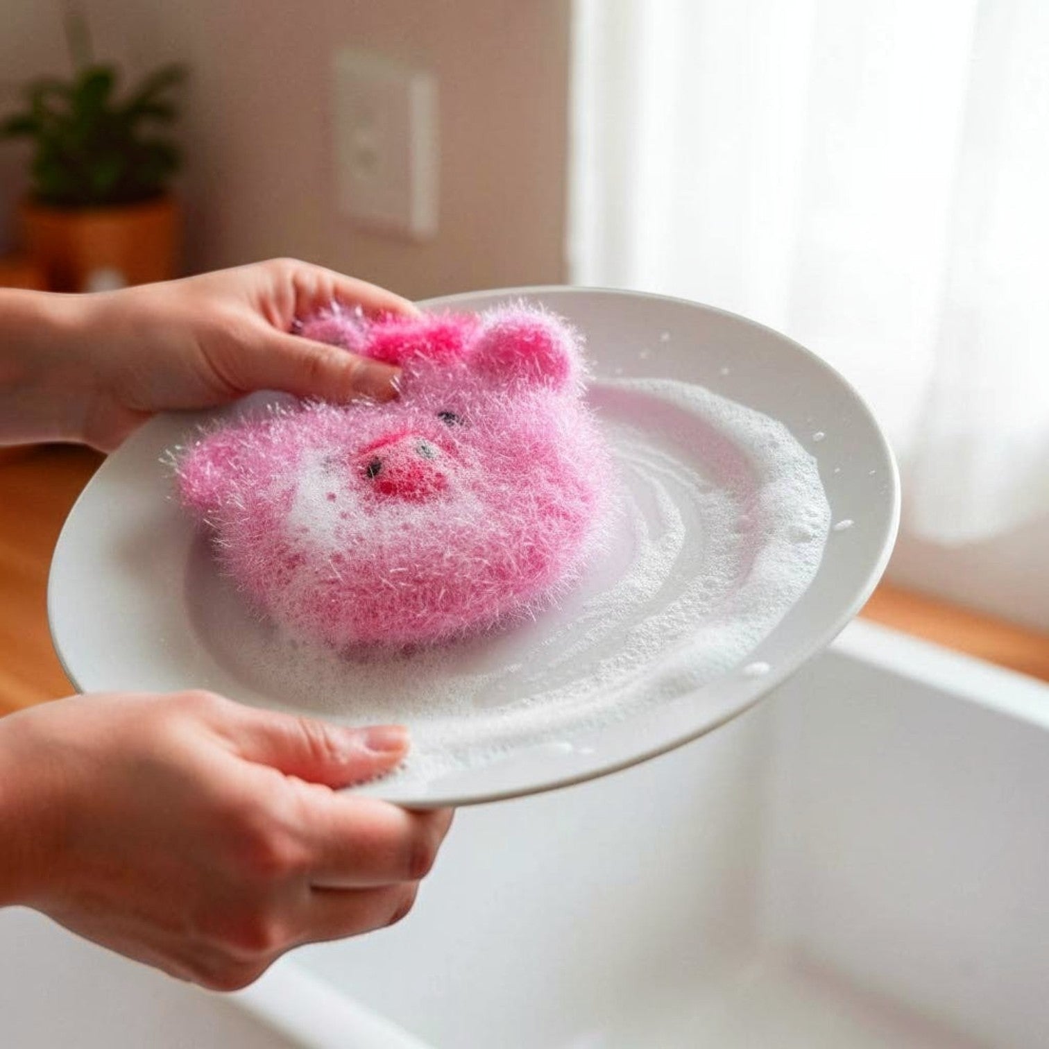 Mellow Monkey Piggie Stardust pink pig scrubby with scrubby and soft sides for cleaning dishes.