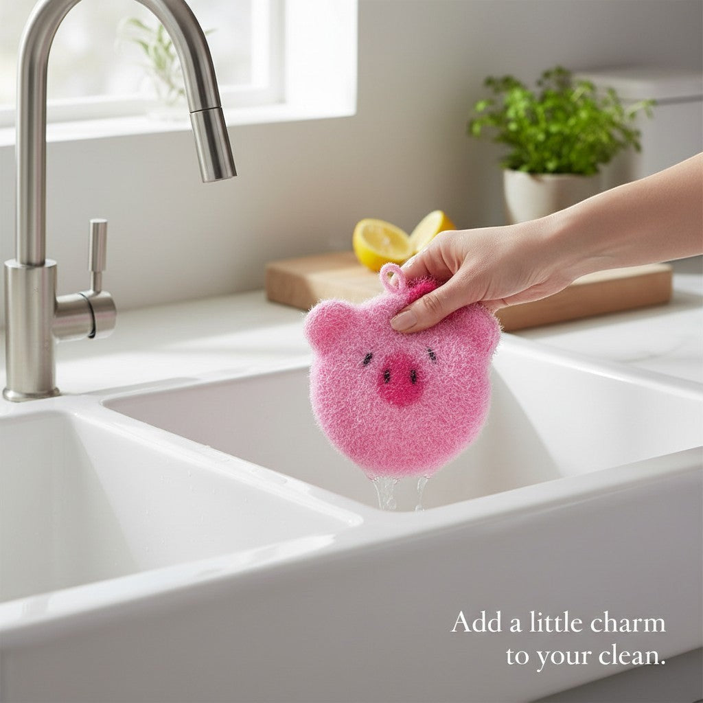Mellow Monkey pink piggie stardust scrubby with a bow, featuring a scrubby and soft side for cleaning.