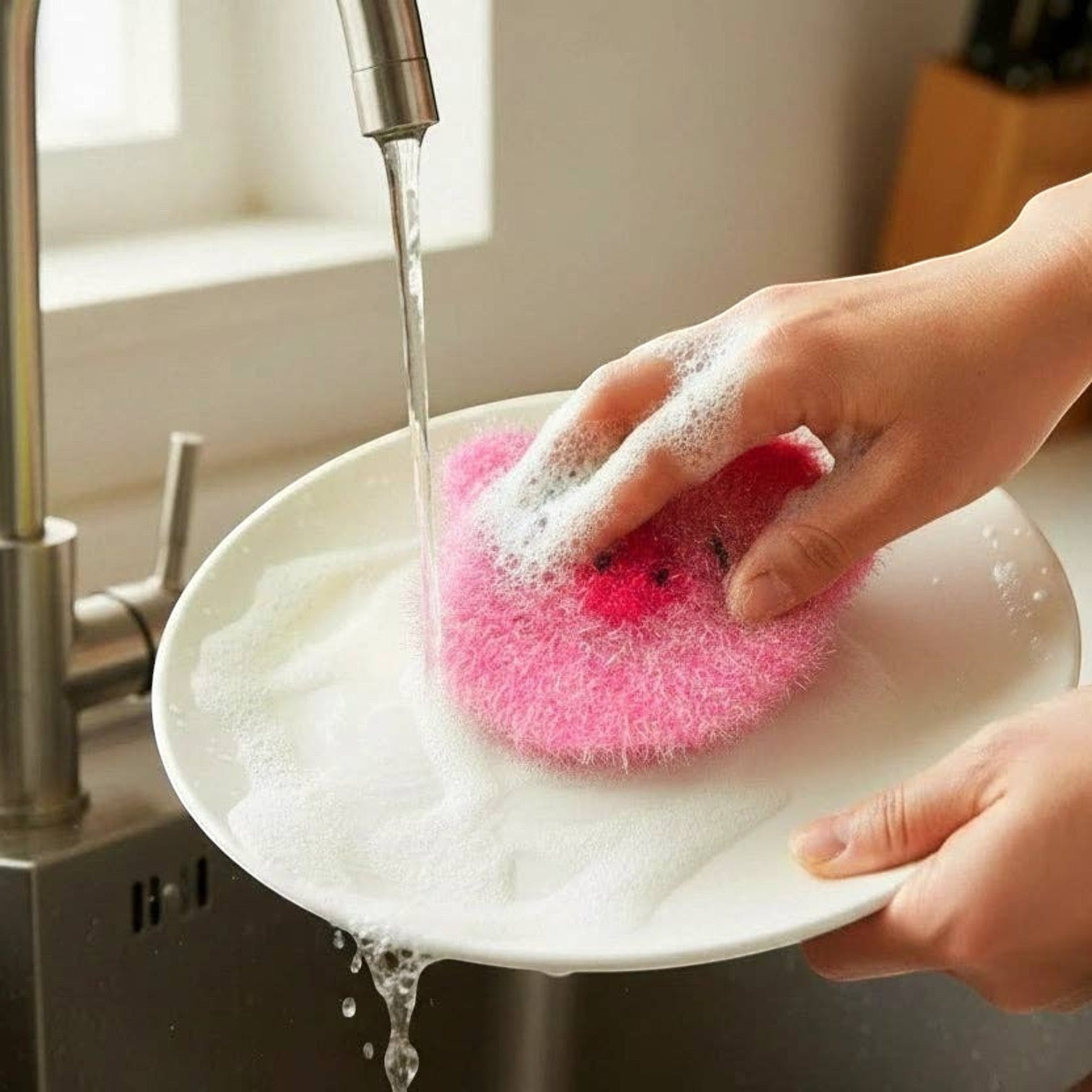 Mellow Monkey Piggie Stardust pink pig scrubby with dual-sided cleaning. Features a scrubby and soft side.