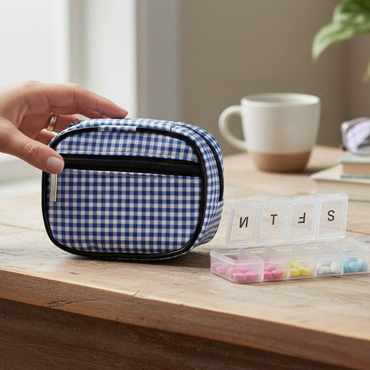 Mellow Monkey blue and white gingham zippered pill and vitamin case with 8 compartments and front pocket.