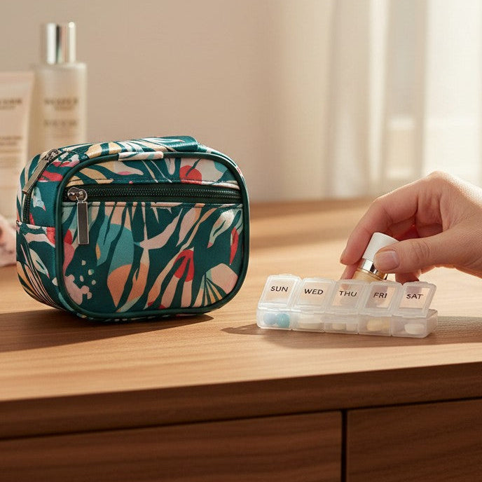 Mellow Monkey zippered pill & vitamin case in a teal "Meadow" print with coral, pink, and blue abstract floral design. Features a front zip pocket.