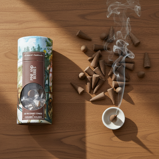 Mellow Monkey pine and berries incense cones with a ceramic holder and decorative packaging on a wooden surface