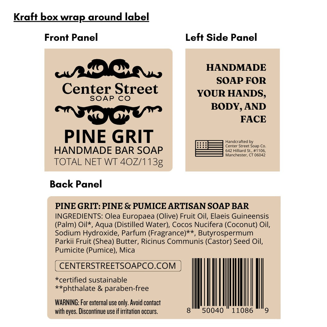 Mellow Monkey Pine Grit exfoliating handmade bar soap label design with pine scent and pumice ingredients