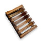 Mellow Monkey natural pine wood soap dish with self-draining slats. Dark brown finish.