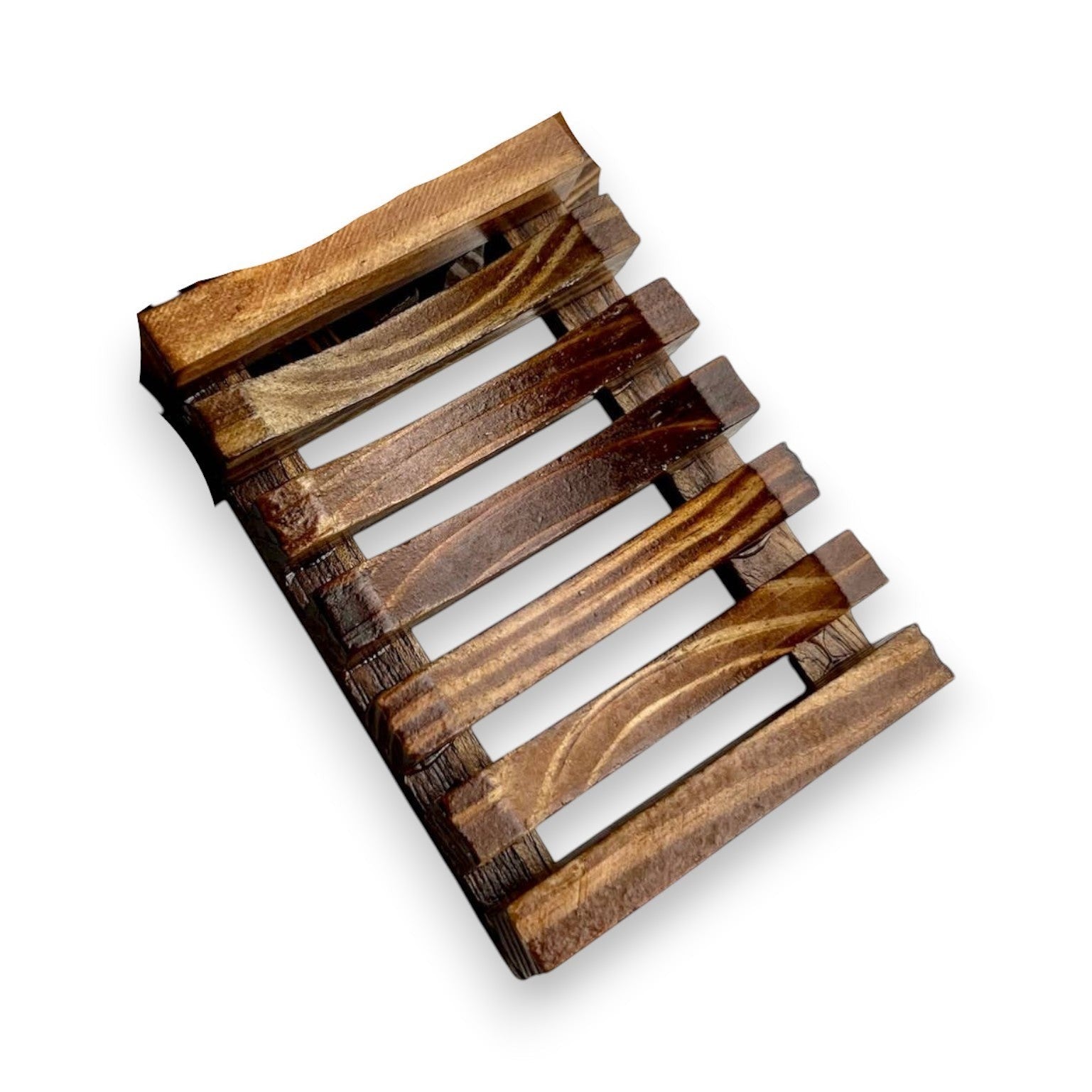 Mellow Monkey natural pine wood soap dish with self-draining slats. Dark brown finish.