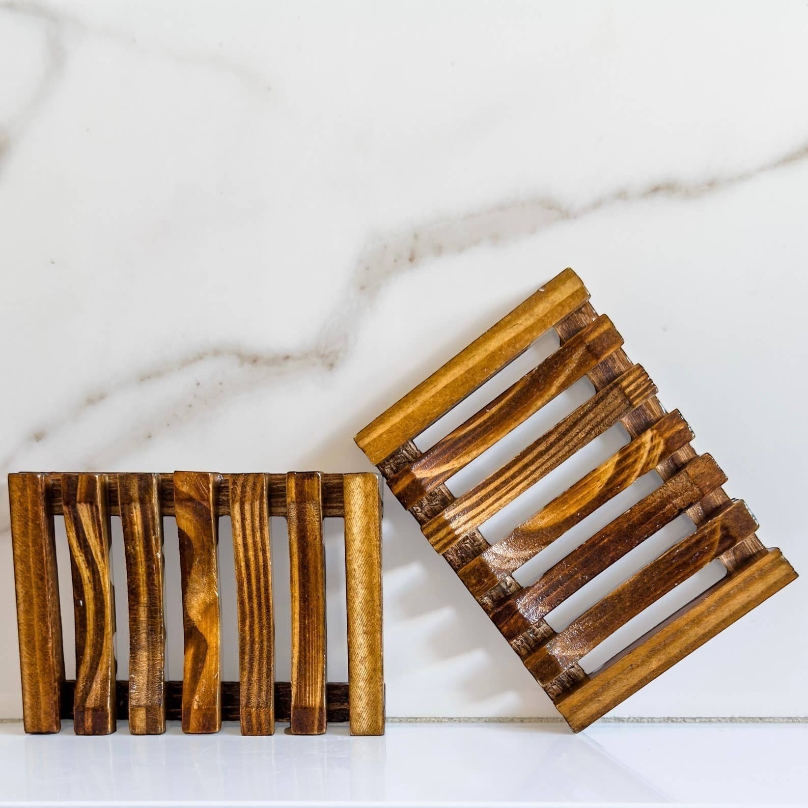 Mellow Monkey natural pine wood soap dish with self-draining slats. Ideal for extending soap life.