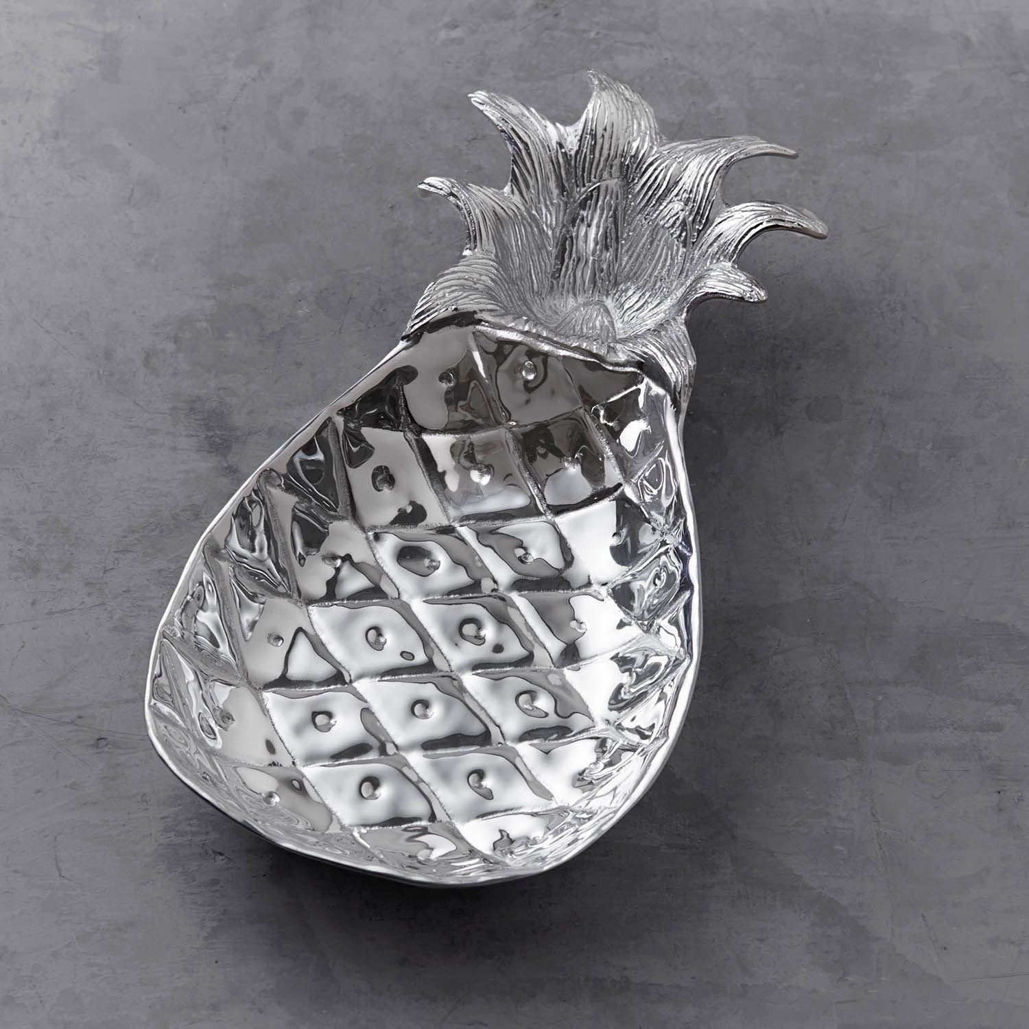 Mellow Monkey GARDEN Pineapple chip and dip serving bowl in silver aluminum. Features a two-chambered design.