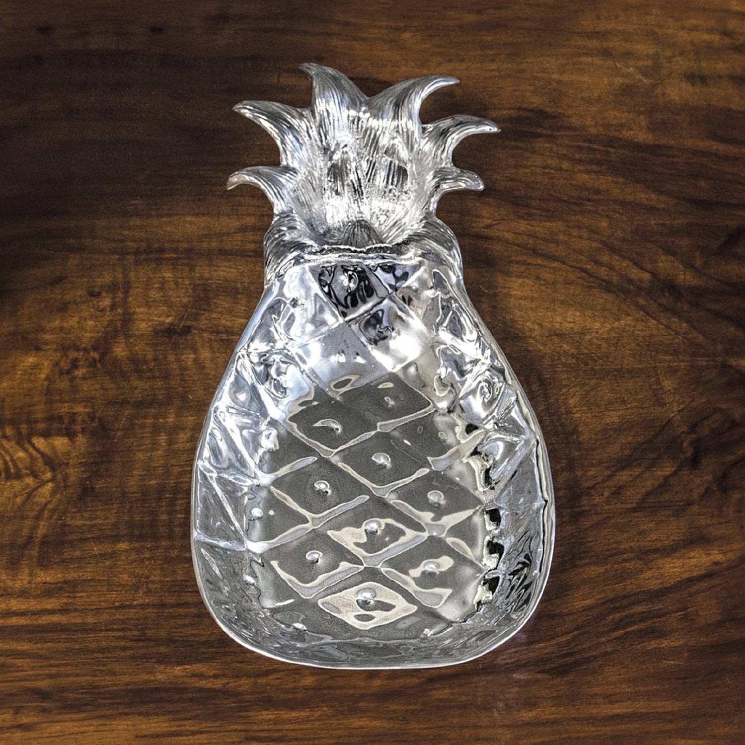 Mellow Monkey GARDEN Pineapple silver aluminum chip and dip serving bowl with textured surface and crown detail.