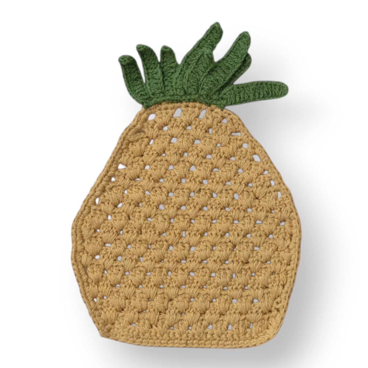 Mellow Monkey pineapple shaped cotton crocheted pot holder in yellow and green for a whimsical kitchen aesthetic.