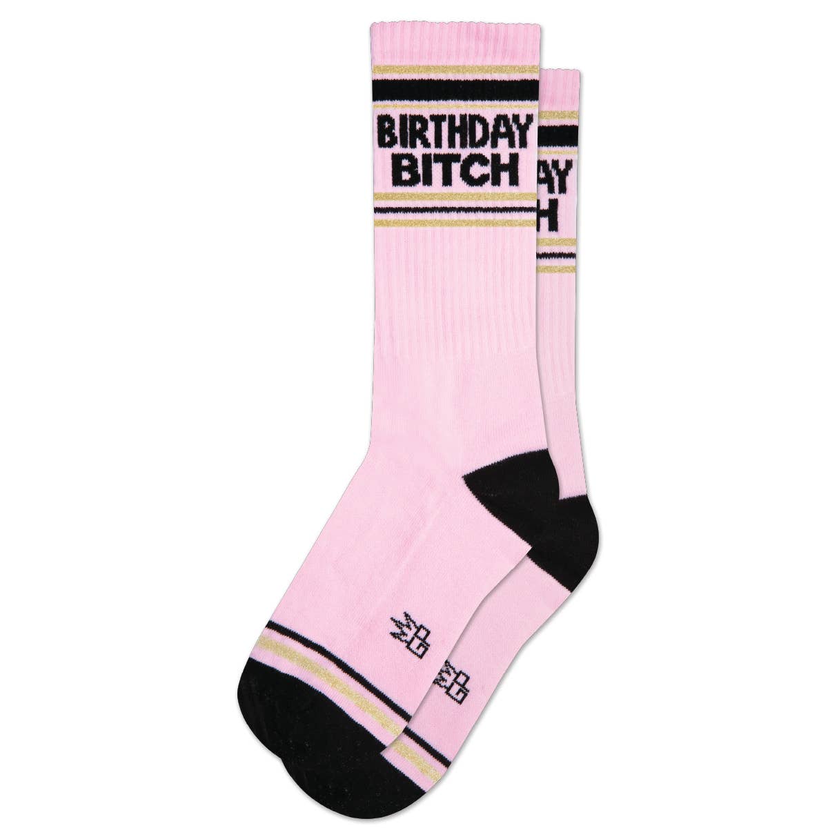 Mellow Monkey pink mid-calf gym crew socks with black and gold stripes and Birthday Bitch text on the cuff