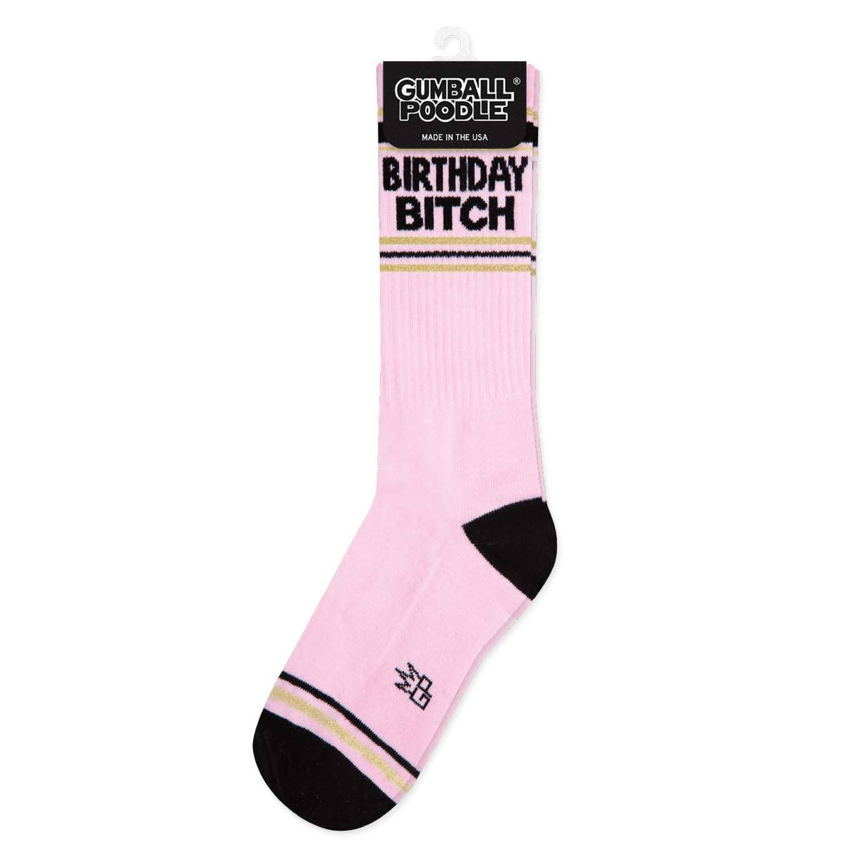 Mellow Monkey pink mid-calf gym socks featuring Birthday Bitch text and black and gold striped accents