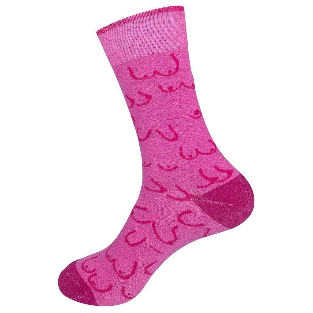 Mellow Monkey bright pink crew socks featuring playful boob doodles, magenta heel and toe, soft cotton blend.