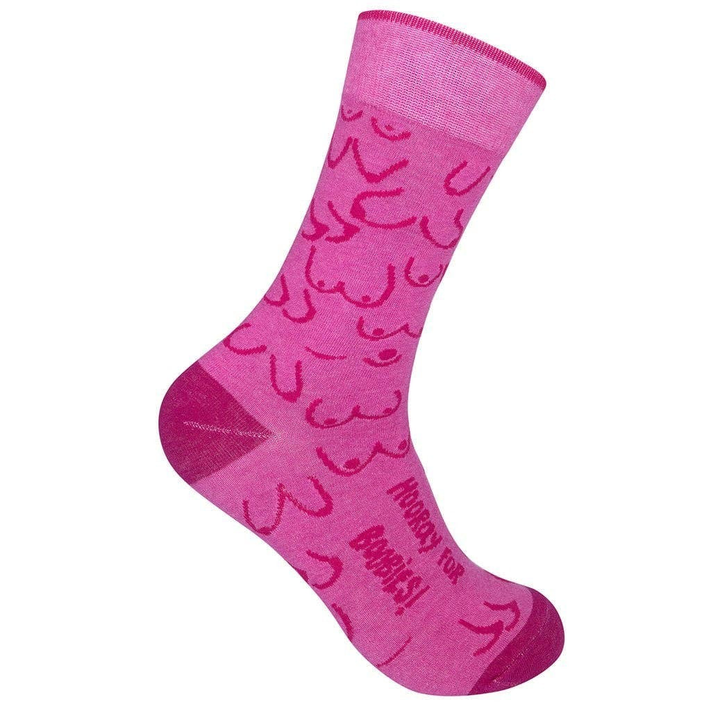 Mellow Monkey bright pink crew socks featuring playful boob doodles and the text Hooray for Boobies in magenta