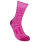 Mellow Monkey pink crew socks featuring playful boob doodles and the text Hooray for Boobies in a soft cotton blend