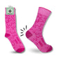 Mellow Monkey bright pink crew socks with magenta heels and toes featuring playful boob doodles and Hooray for Boobies