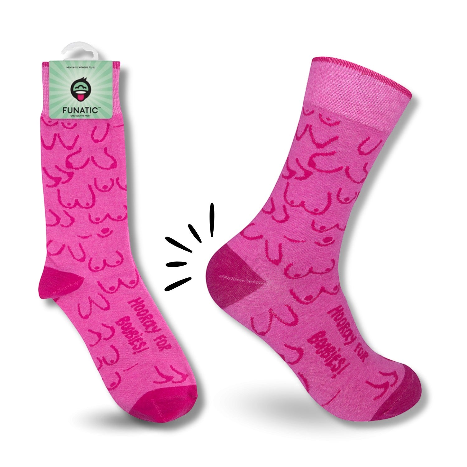 Mellow Monkey bright pink crew socks with magenta heels and toes featuring playful boob doodles and Hooray for Boobies