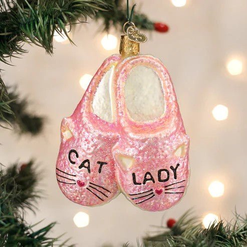 Mellow Monkey pink glitter cat lady slippers blown glass holiday ornament