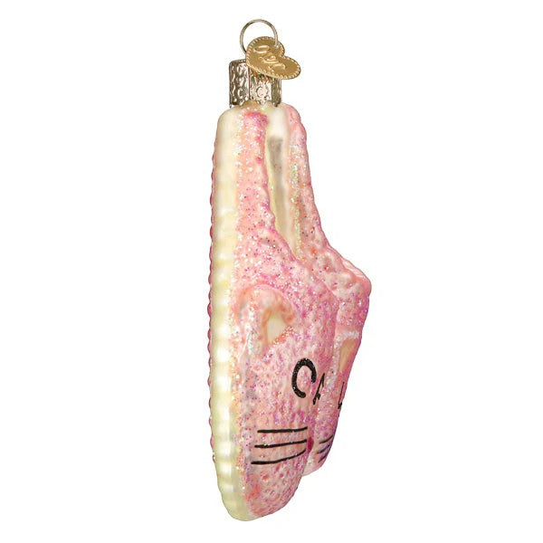 Mellow Monkey pink glitter blown glass cat lady slipper holiday ornament