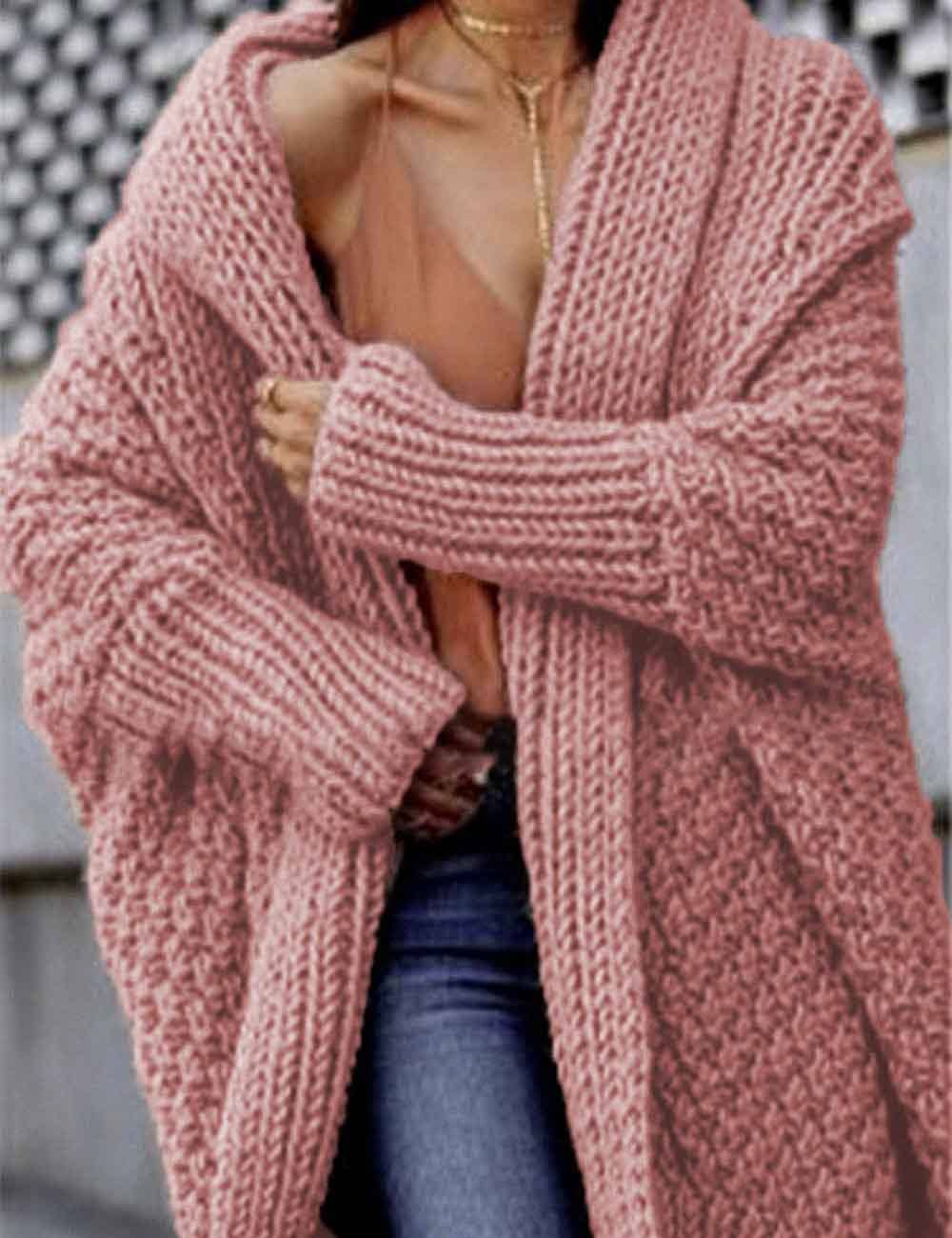 Mellow Monkey chunky knit cardigan in dusty rose with a thick front placket and long sleeves for cozy winter wear.