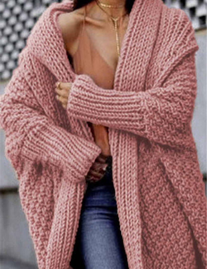 Mellow Monkey chunky knit cardigan in dusty rose with a thick front placket and long sleeves for cozy winter wear.