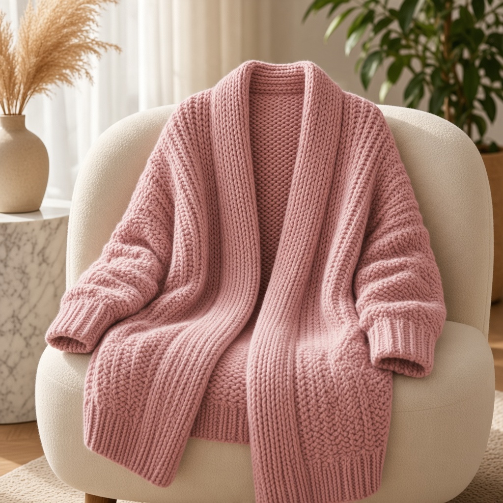 Mellow Monkey chunky knit pink cardigan with a thick front placket and long sleeves draped on a cream armchair.