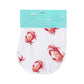 Mellow Monkey 2-in-1 baby burp cloth and bib featuring a pink crab print on soft white bamboo and cotton muslin