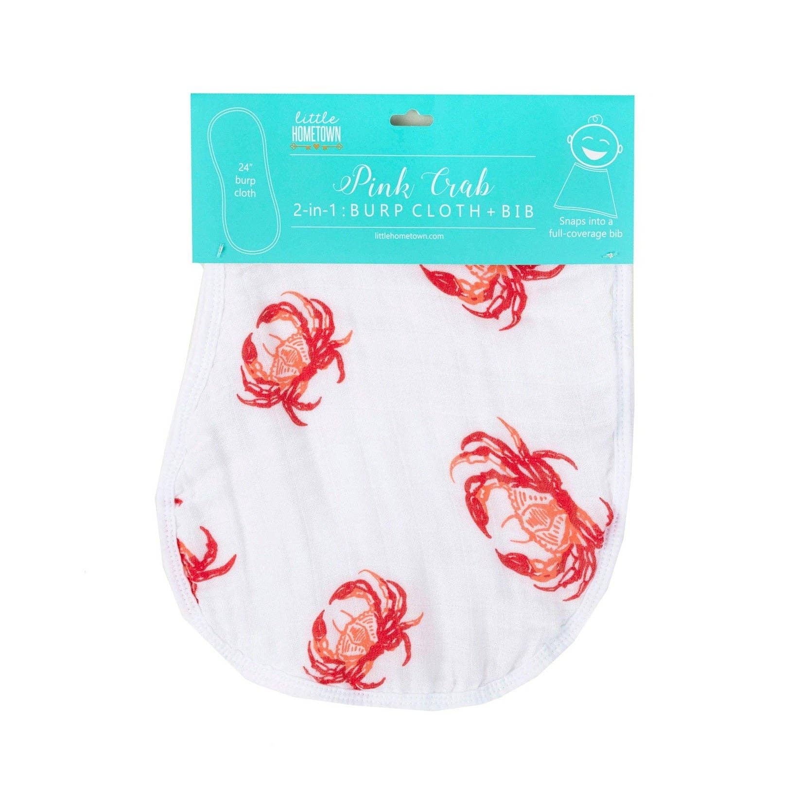 Mellow Monkey 2-in-1 pink crab print bamboo and cotton muslin burp cloth and baby bib with snap closure