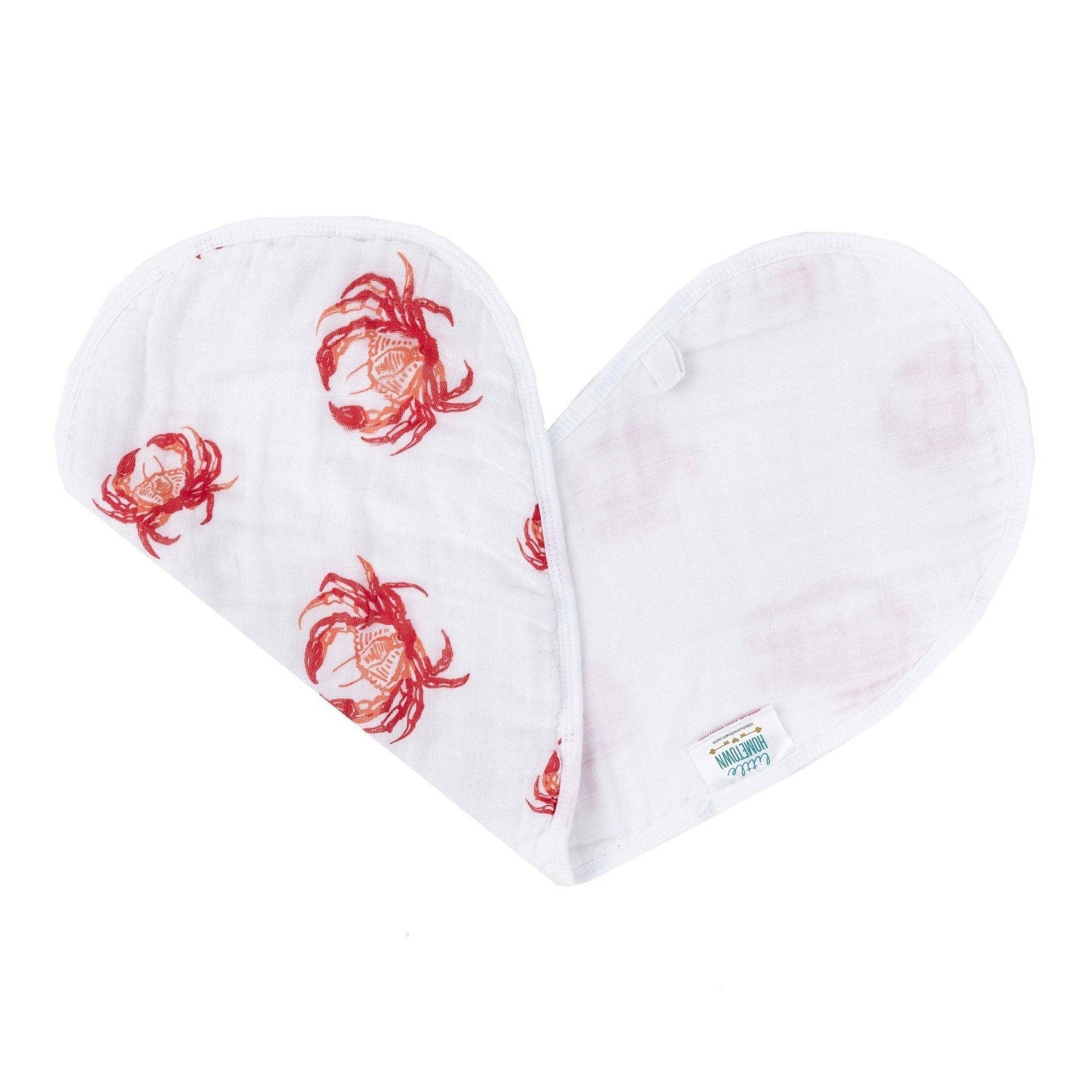 Mellow Monkey pink crab print 2-in-1 bamboo and cotton muslin baby burp cloth and snap bib