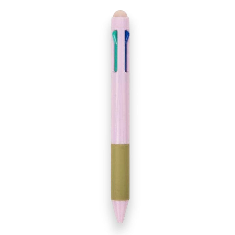Mellow Monkey retractable multicolor erasable pen in light pink with a comfortable olive green ergonomic grip