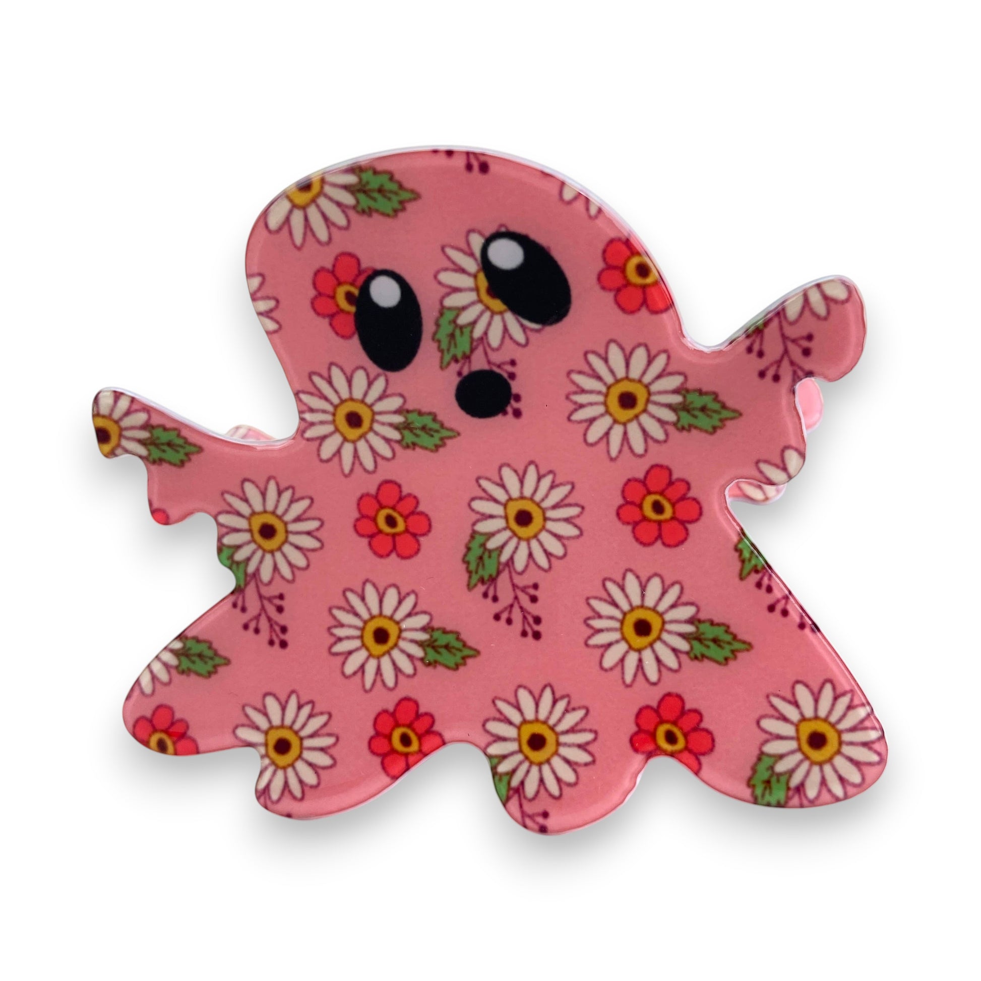 Mellow Monkey pink PVC ghost hair claw clip featuring a cute floral daisy and red flower pattern for Halloween