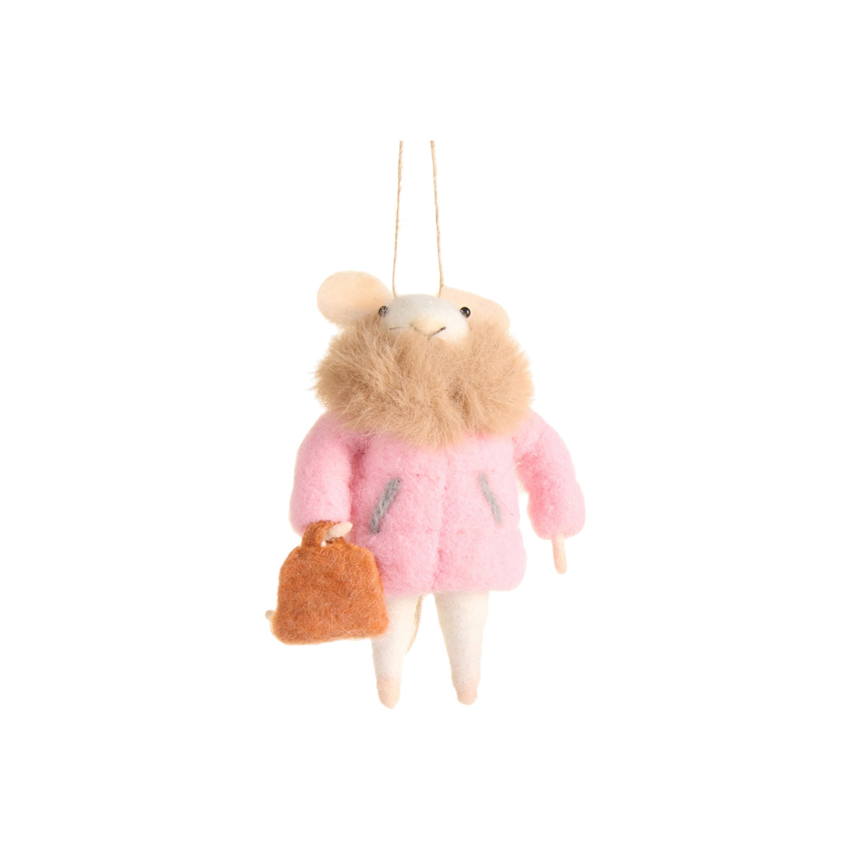 Mellow Monkey pink fur coat mouse ornament made of wool and polyester with a small brown bag for holiday decor