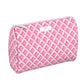 Mellow Monkey Garden Gate Packin' Heat toiletry bag in pink and white geometric grid pattern with a zip closure.