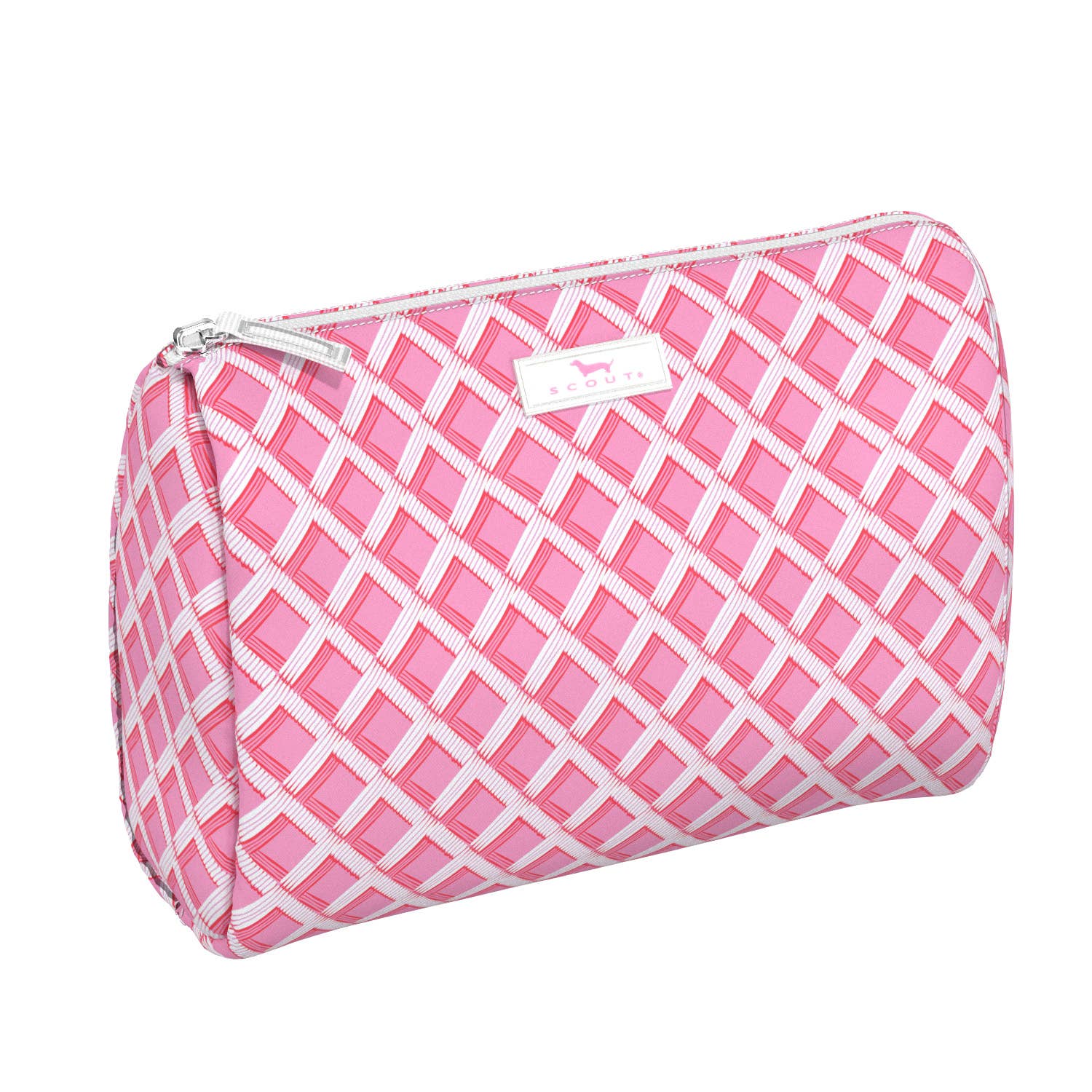 Mellow Monkey Garden Gate Packin' Heat toiletry bag in pink and white geometric grid pattern with a zip closure.