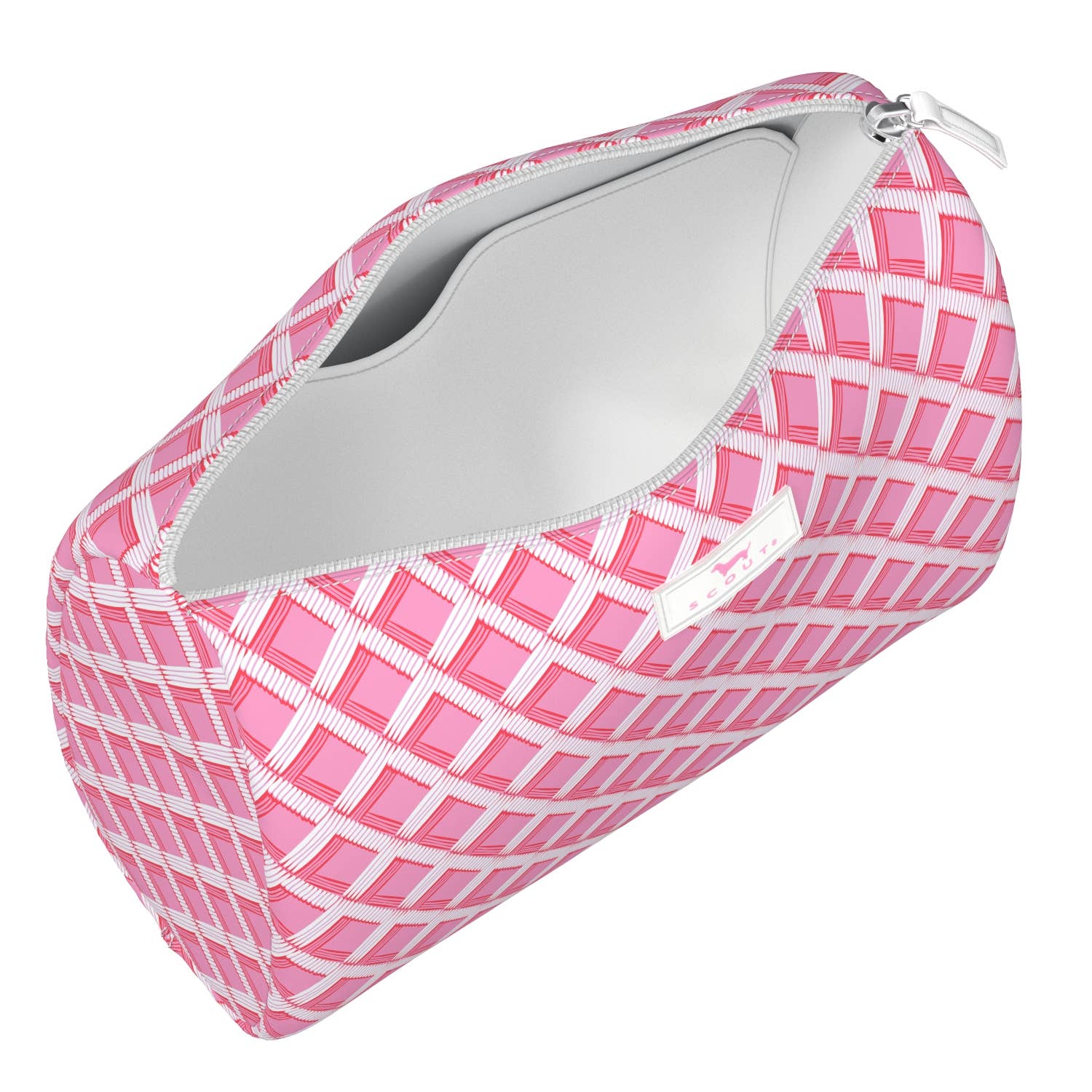 Mellow Monkey Garden Gate Packin' Heat toiletry bag in a pink and white geometric grid pattern with a zip closure.