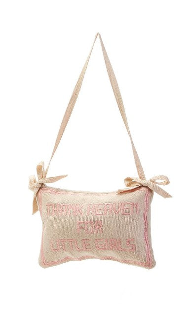 Mellow Monkey pink embroidered Thank Heaven For Little Girls cotton pillow door hanger with ribbon ties