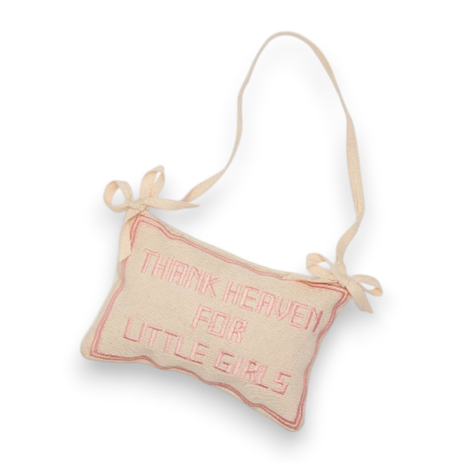 Mellow Monkey pink Thank Heaven For Little Girls embroidered cotton pillow door hanger with hanging ribbon ties