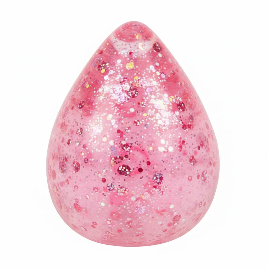 Mellow Monkey pink glittery teardrop-shaped gel squishy fidget toy for stress relief