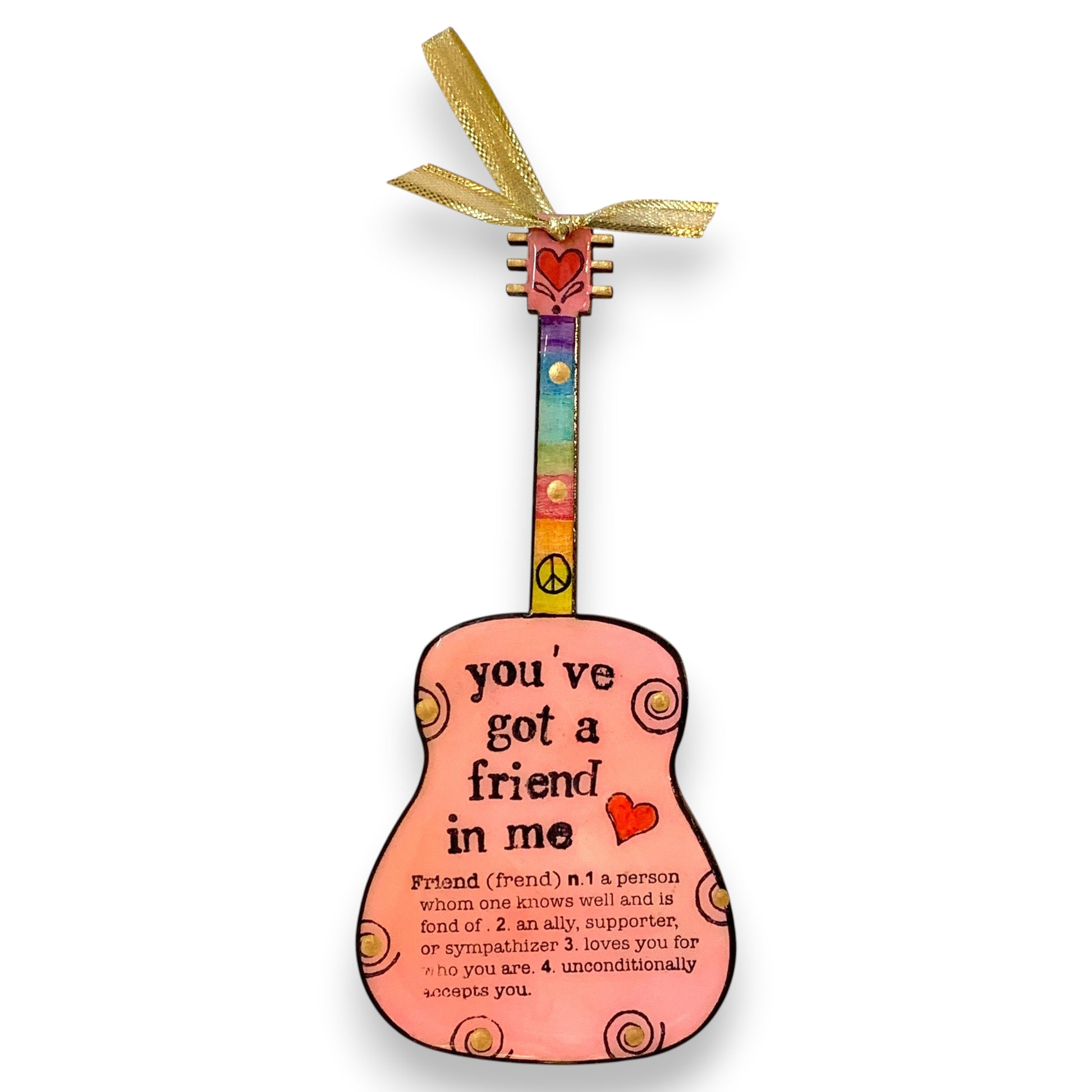 Mellow Monkey pink hand-painted guitar ornament with You've Got A Friend in Me text and gold ribbon hanger