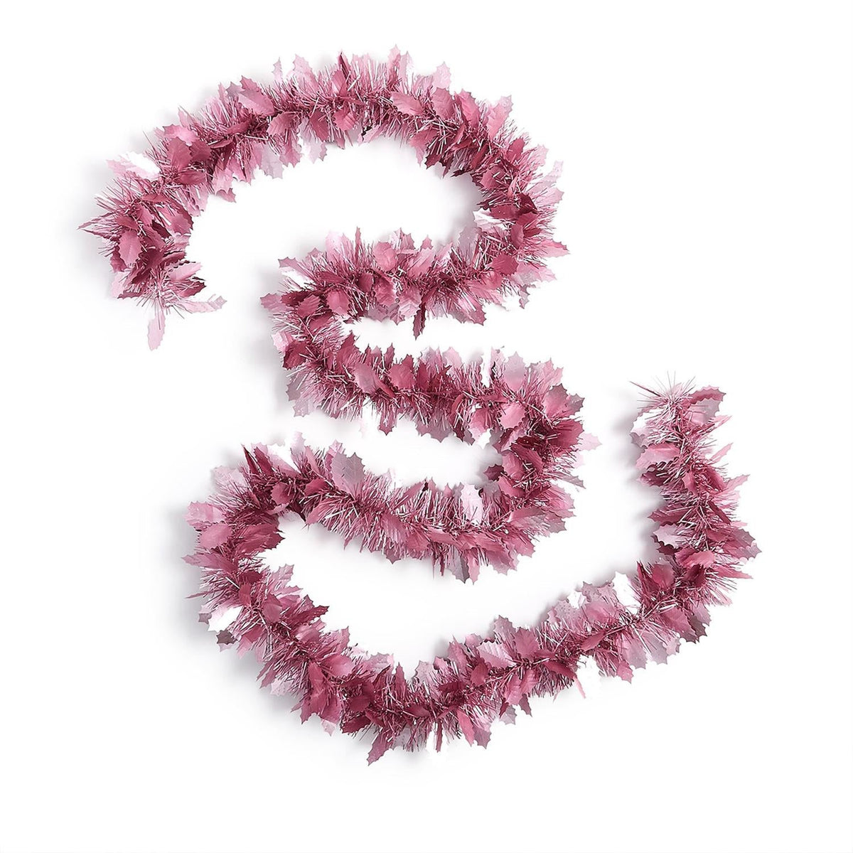 Mellow Monkey 12-foot pink metallic holly leaf garland for festive holiday home decor and Christmas tree styling
