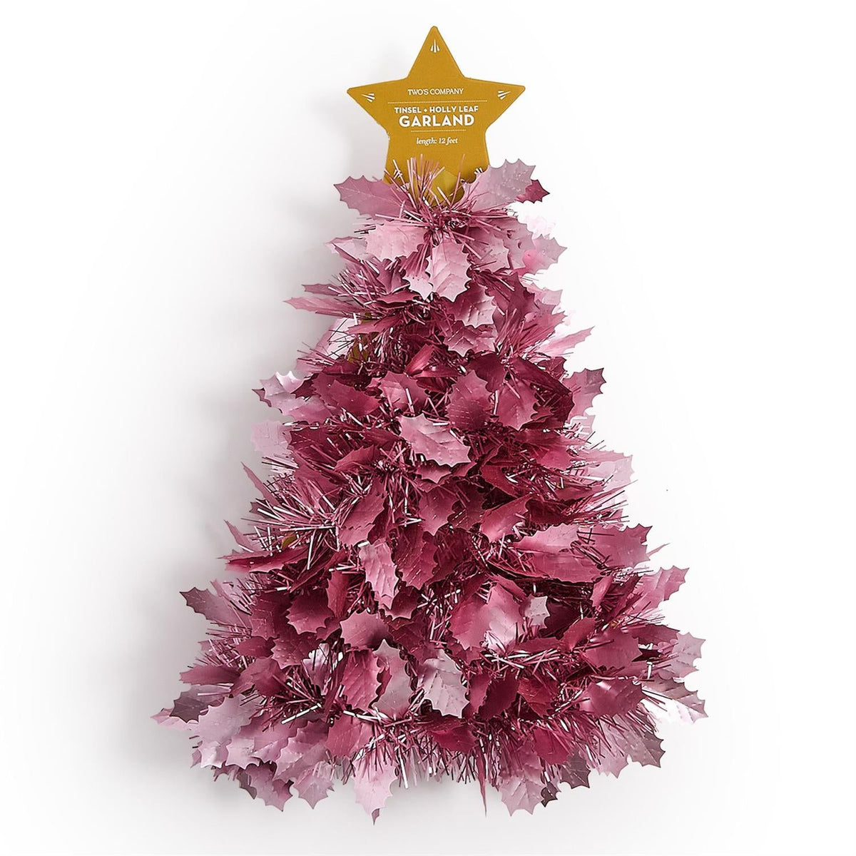 Mellow Monkey 12-foot metallic pink holly leaf tinsel garland coiled for display on a white background