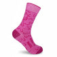 Mellow Monkey hot pink crew socks featuring a playful boob pattern and Hooray for Boobies text on the foot