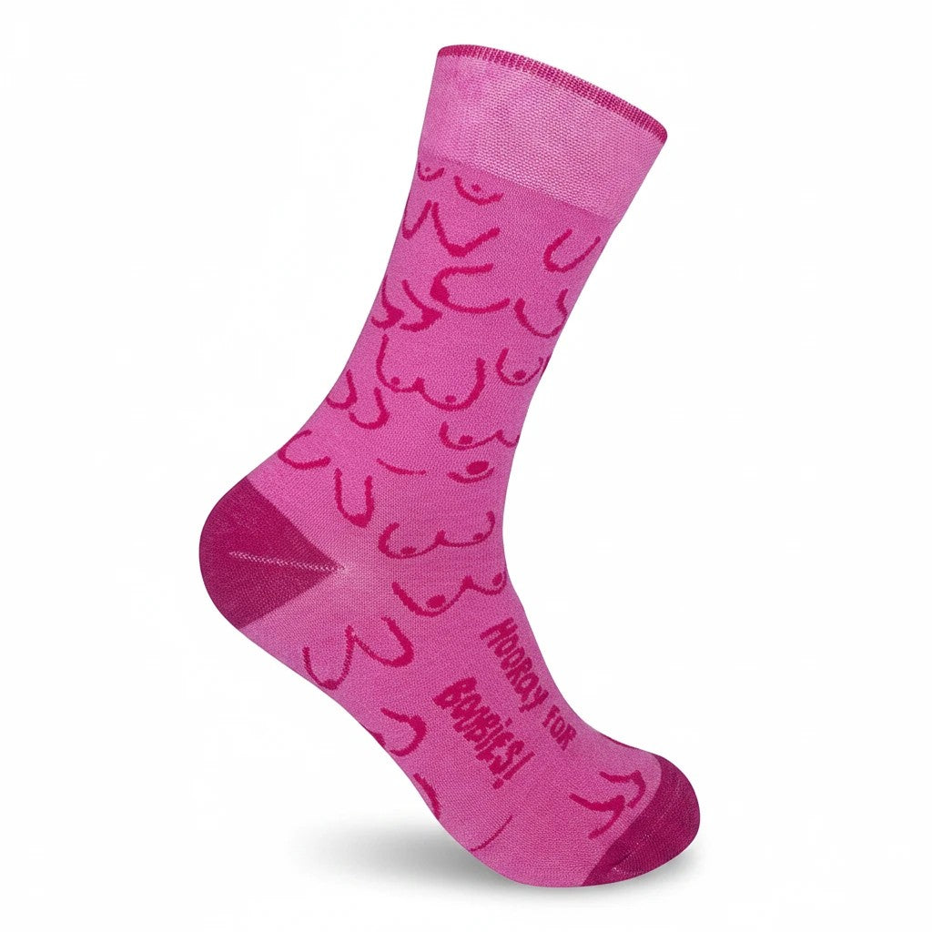 Mellow Monkey hot pink crew socks featuring a playful boob pattern and Hooray for Boobies text on the foot