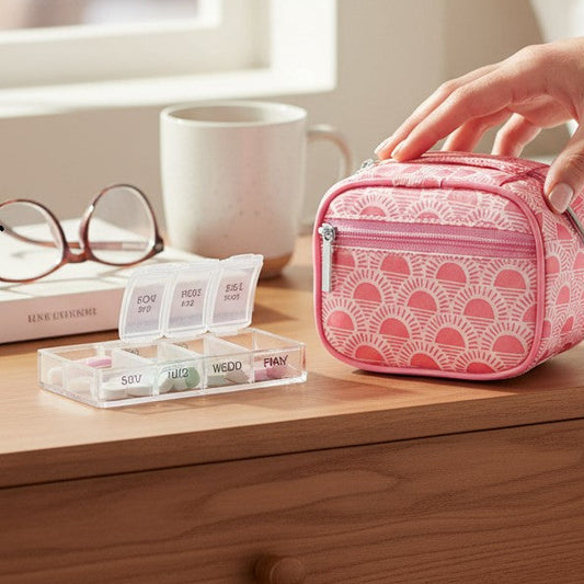 Mellow Monkey pink zippered pill and vitamin case with sunburst pattern. Features 8 compartments and a front pocket.