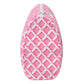Mellow Monkey Garden Gate toiletry bag in pink and white plaid pattern with a side view showing the zipper closure.