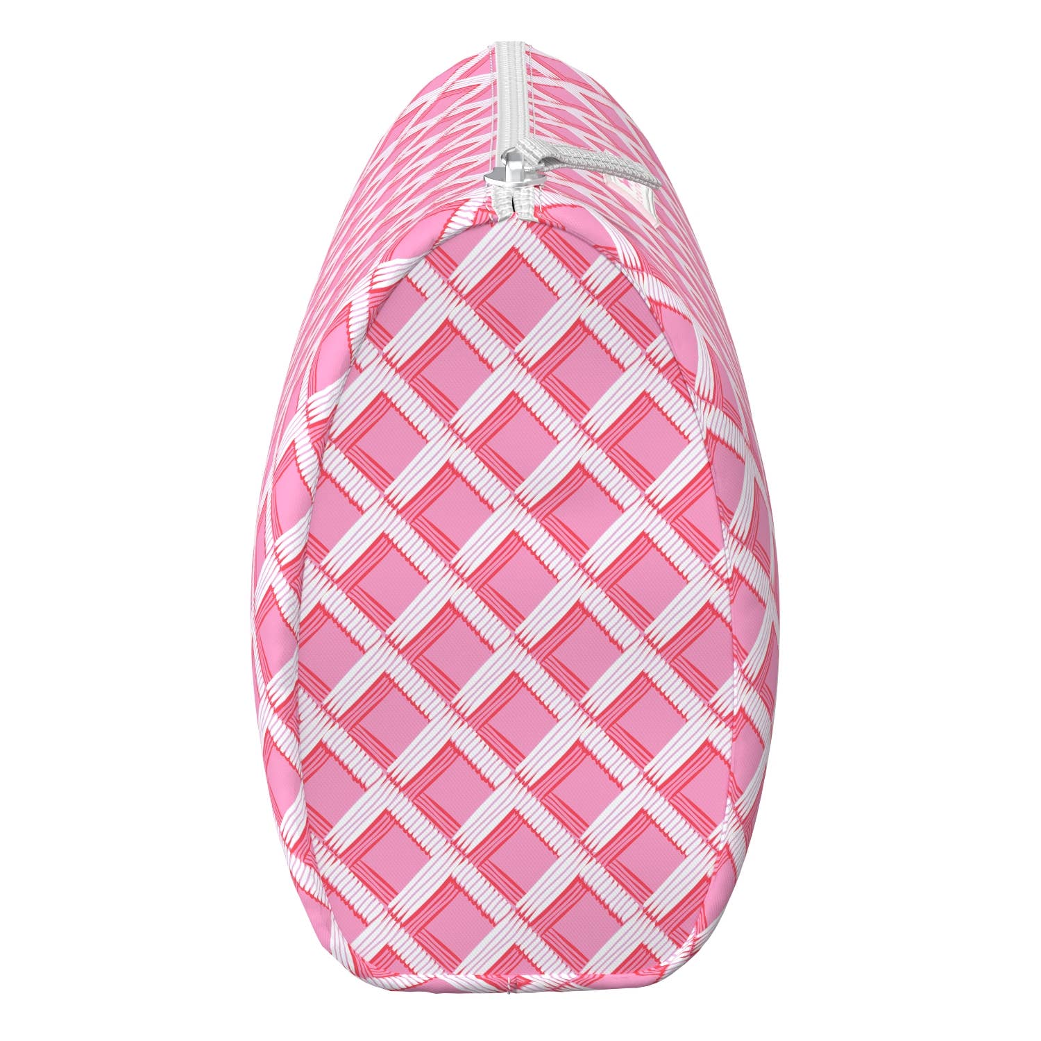 Mellow Monkey Garden Gate toiletry bag in pink and white plaid pattern with a side view showing the zipper closure.