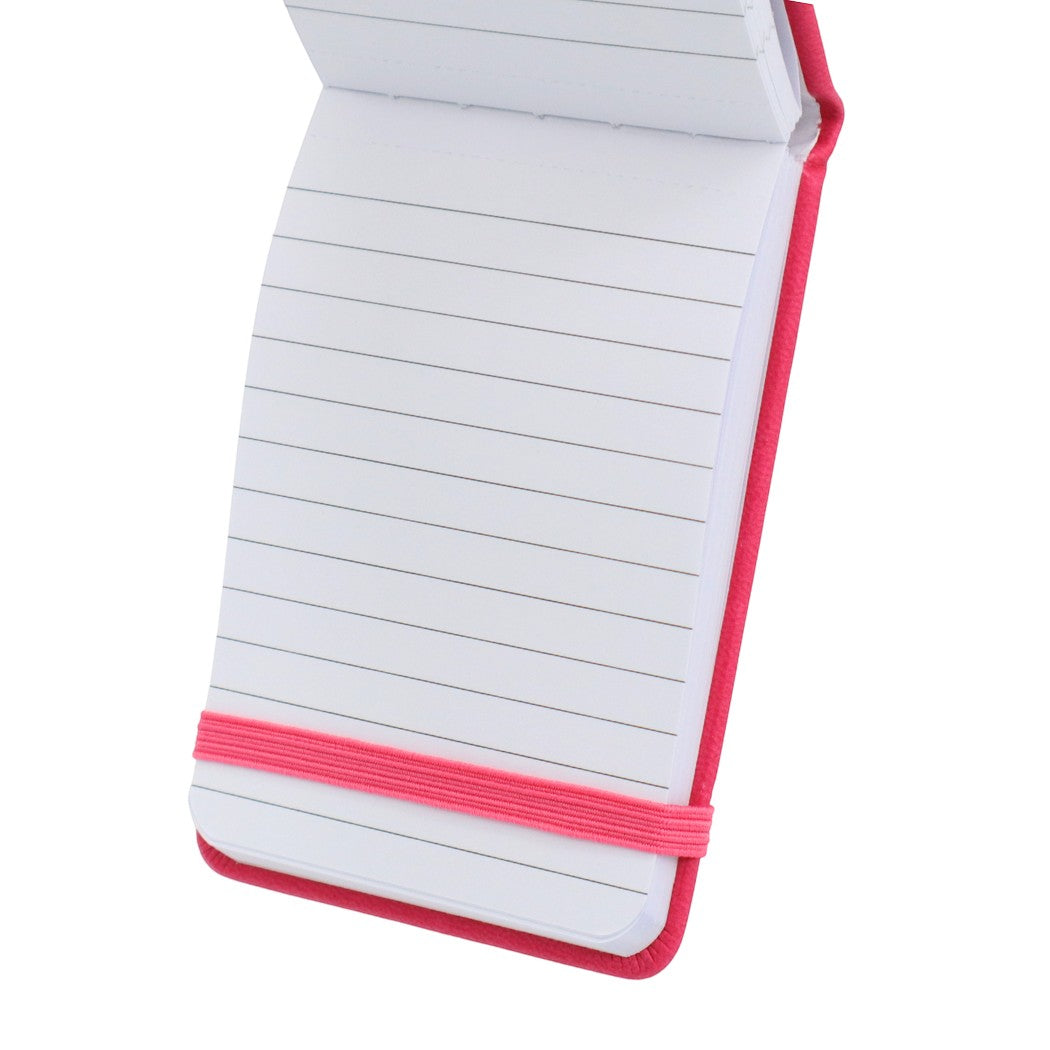 Mellow Monkey pink leatherette pocket journal with lined pages and an elastic closure band